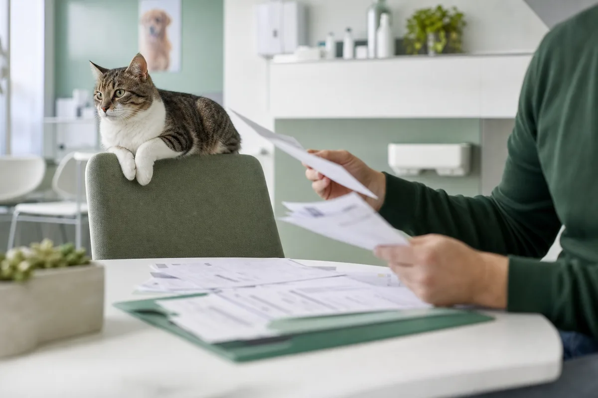 Un propriétaire assis à une table trie des factures vétérinaires à côté d&rsquo;un chat couché sur le dossier d&rsquo;une chaise