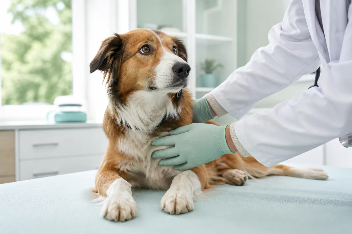 Un chien de taille moyenne examiné par un vétérinaire sur une table d&rsquo;auscultation dans une salle de consultation lumineuse