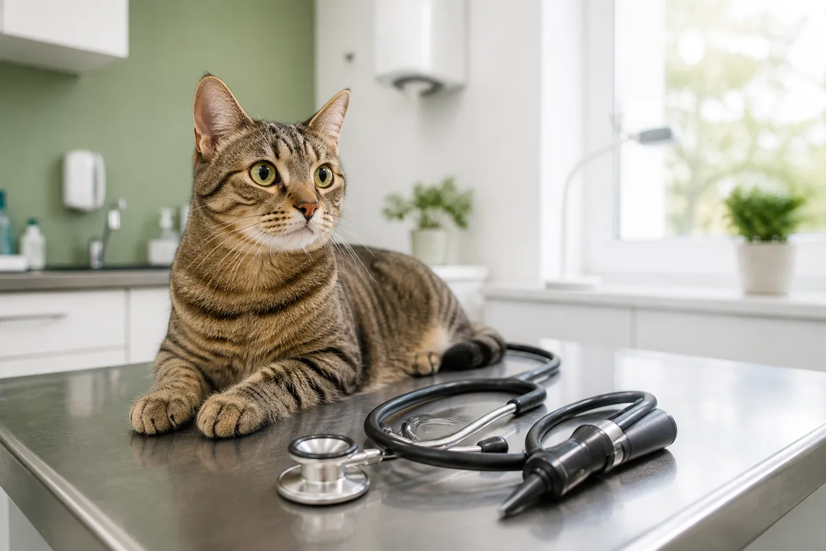 Salle de consultation vétérinaire avec table d&rsquo;examen en inox, otoscope et stéthoscope posés à côté d&rsquo;un chat attentif