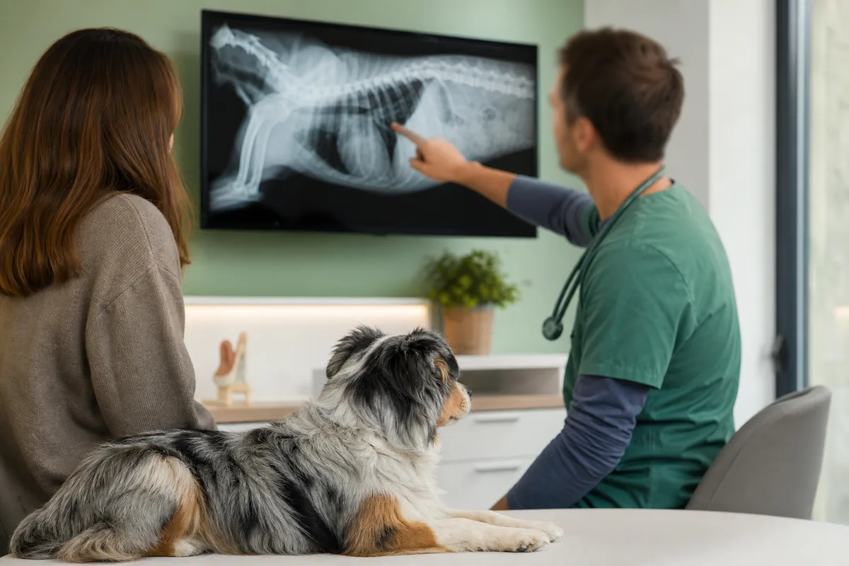Vétérinaire montrant une radiographie sur un écran à un propriétaire de chien dans une salle d&rsquo;examen