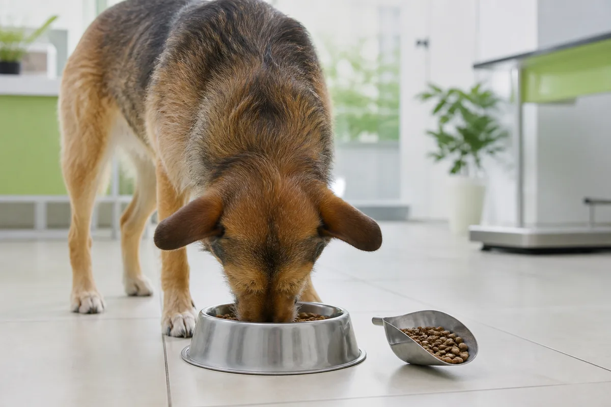 Un chien de taille moyenne mange dans une gamelle en inox posée sur un carrelage clair, mesure doseuse à côté