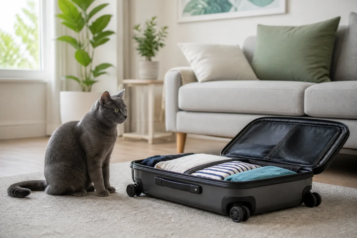 Un chat gris observe une valise ouverte posée sur le sol d&rsquo;un salon, oreilles dressées