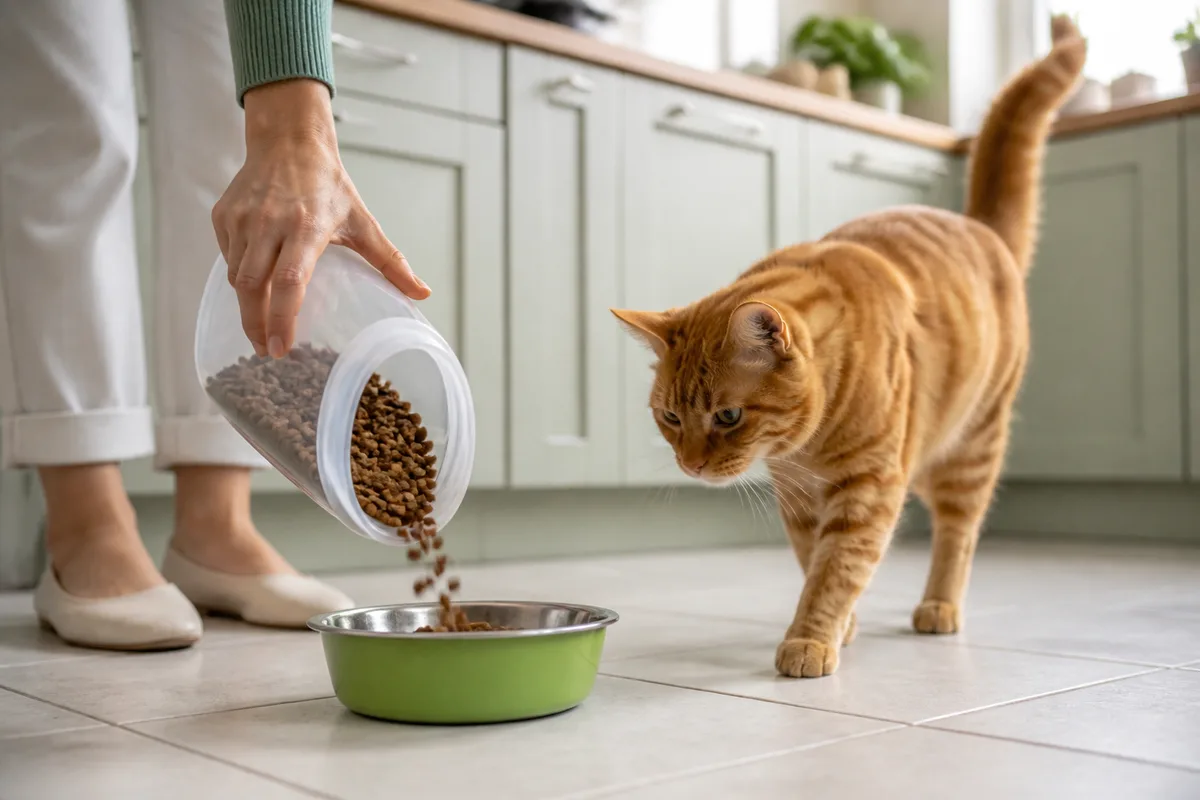 Une personne verse des croquettes dans une gamelle pendant qu&rsquo;un chat roux s&rsquo;approche, dans une cuisine ordinaire