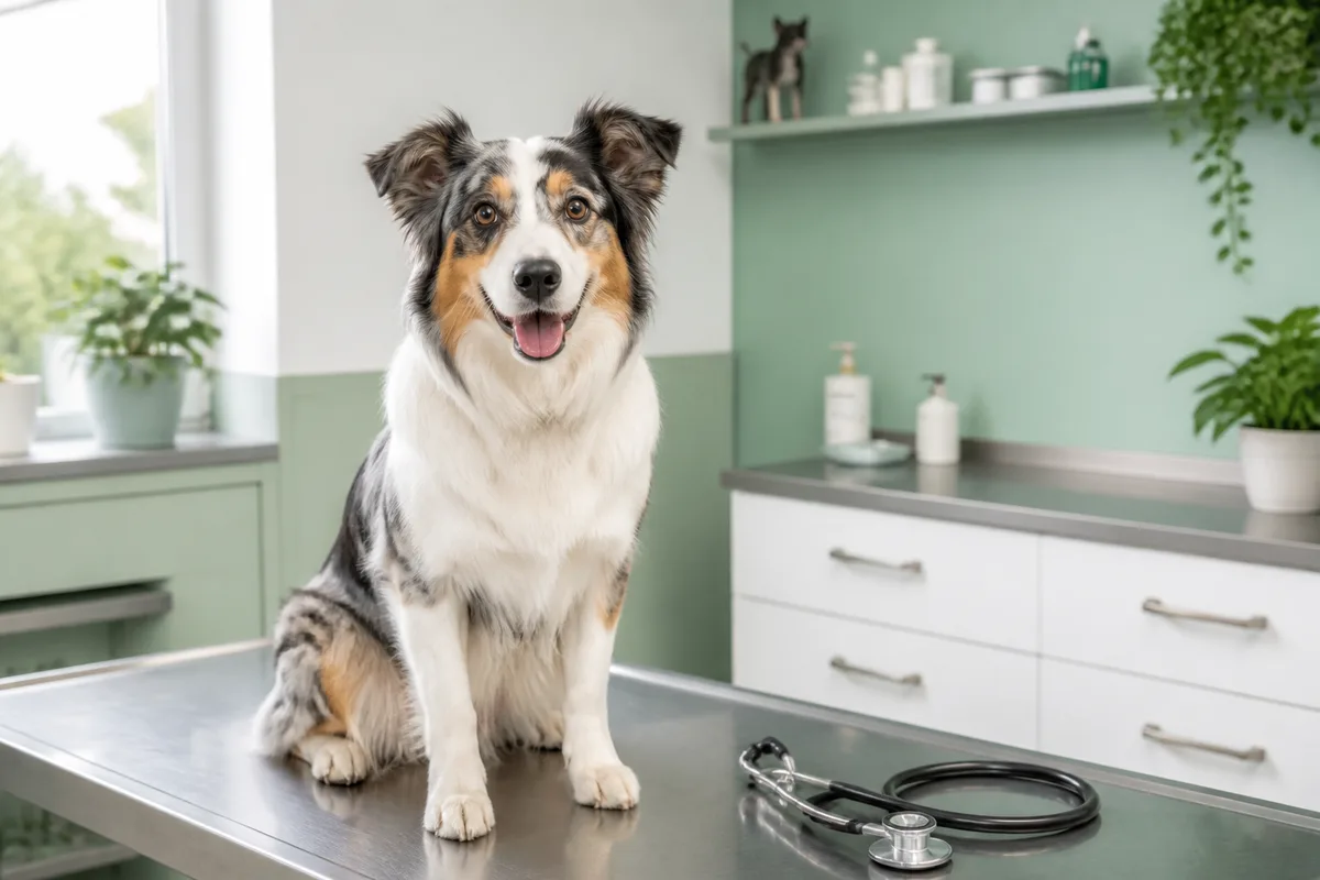 Cabinet vétérinaire lumineux avec table d'examen et chien assis calmement