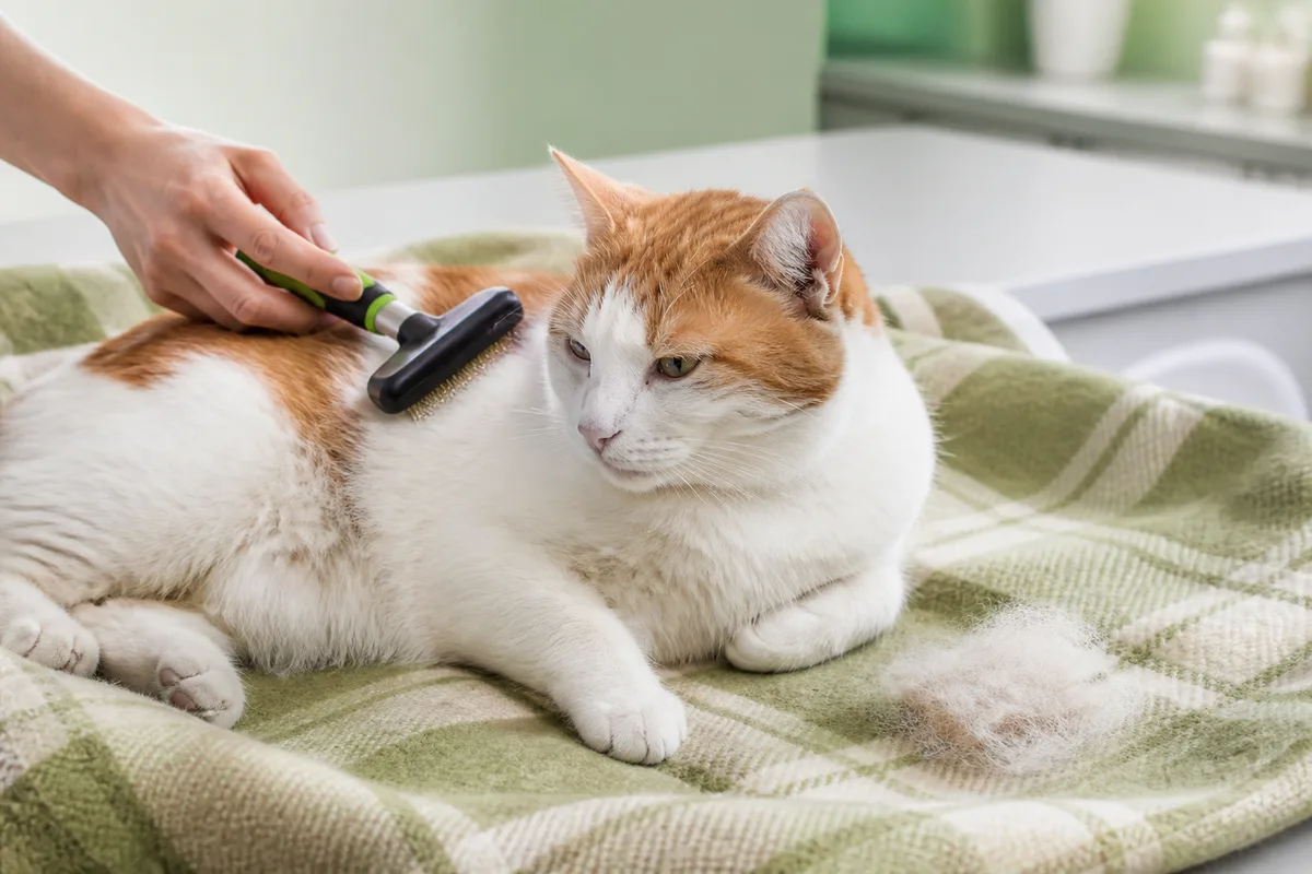 Un chat blanc et roux se laisse brosser sur un plaid, une petite touffe de poils morts posée à côté