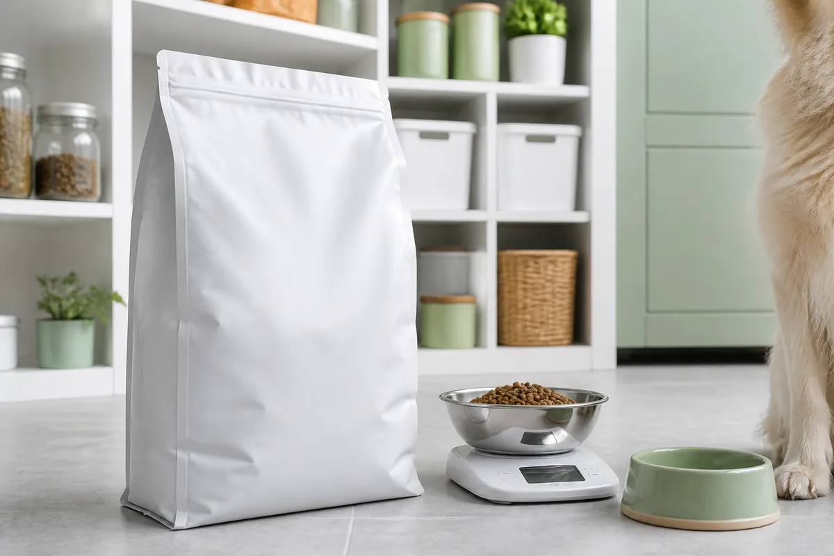 Un grand sac de croquettes posé à côté d&rsquo;une balance de cuisine et d&rsquo;une gamelle, dans un cellier bien rangé