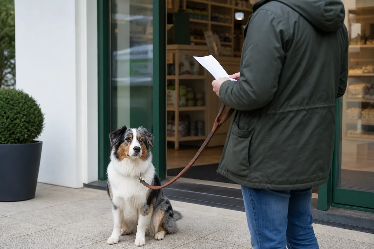 Un chien attend au bout de sa laisse pendant que son propriétaire consulte un ticket de caisse devant une animalerie