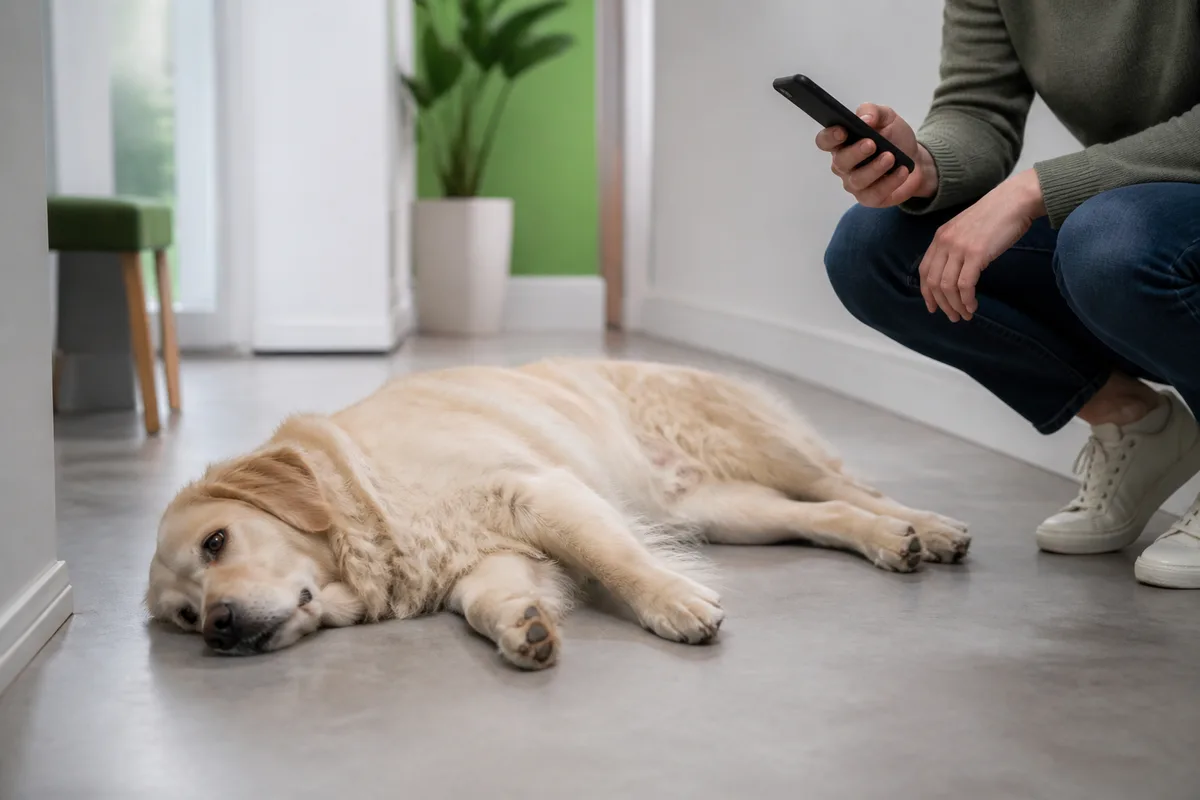 Un chien couché sur le flanc dans un couloir de maison, observé par son propriétaire accroupi qui tient un téléphone