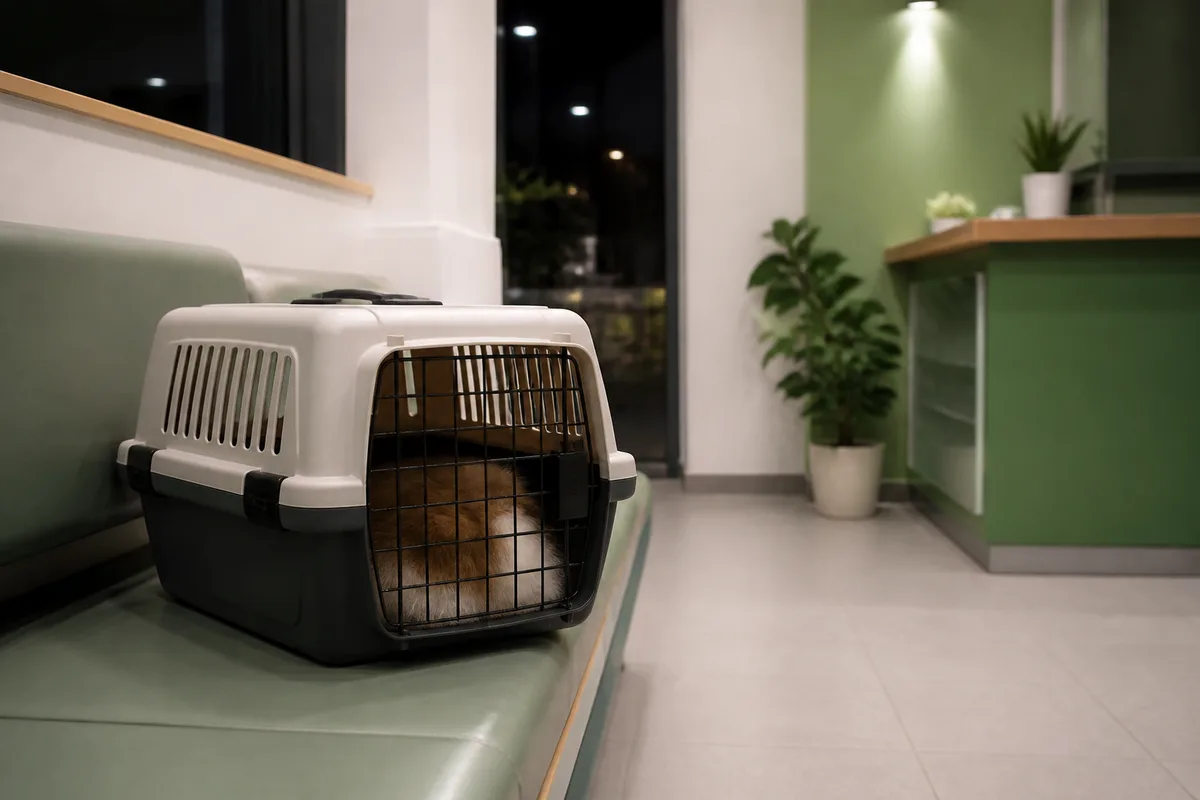 Salle d&rsquo;attente d&rsquo;une structure vétérinaire de nuit, éclairée doucement, avec une caisse de transport posée sur un banc